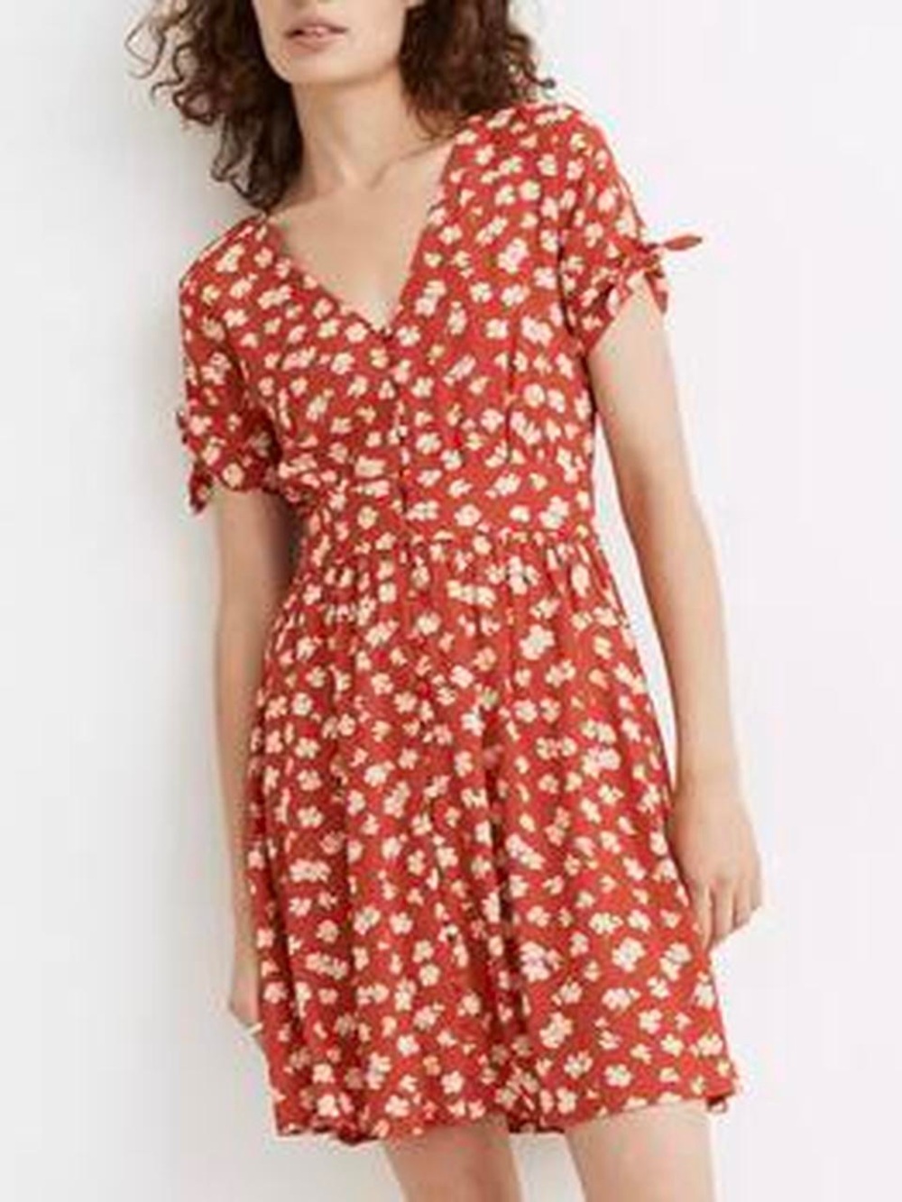 Madewell Red Floral Tie-Sleeve Short Dress
